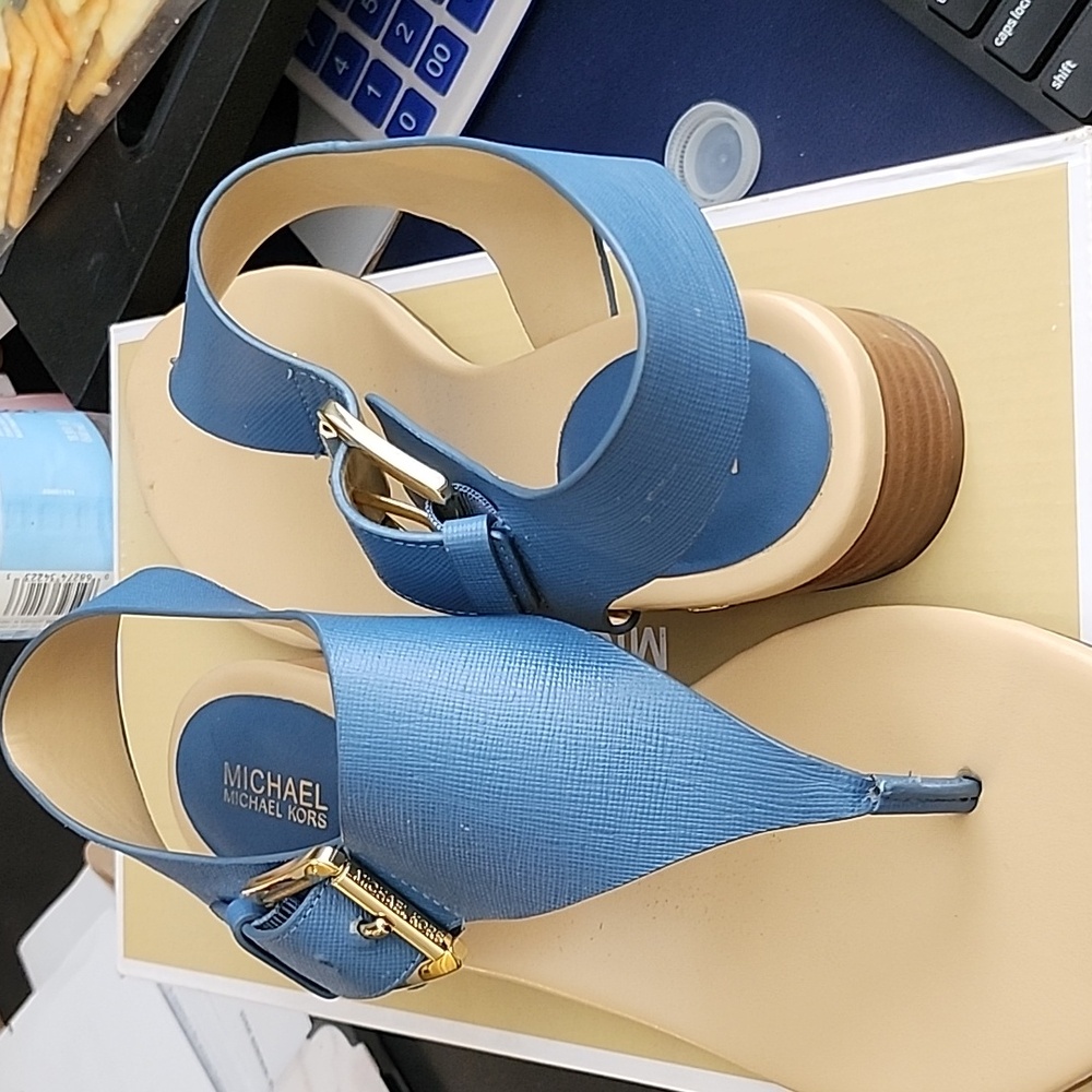 MICHAEL Michael Kors Blue Leather Thong Sandals with Gold Buckle